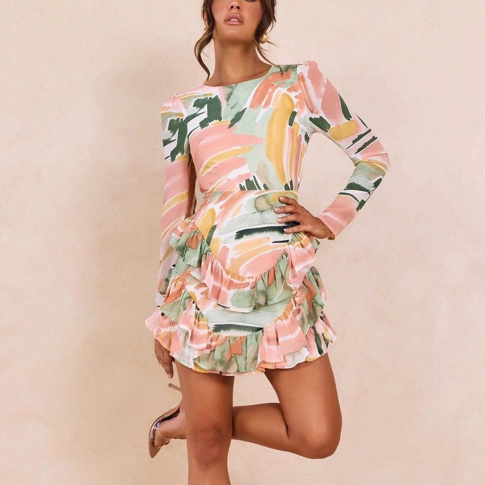 Abstract Pastel Chiffon Mini Dress XS Open Back Ruffle Tier Picasso Art Cocktail